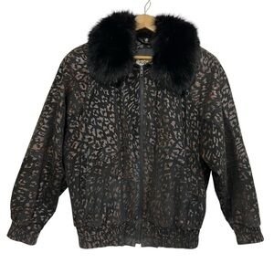 Vtg RADLEE Animal Print Leather Bomber Jacket with Fox Fur Collar Women's Medium